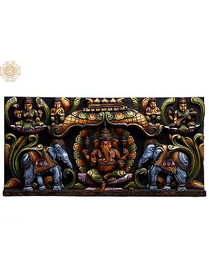 29" Wooden Colofrul Gaja Ganesha with Devi Lakshmi and Devi Saraswati Wall Panel