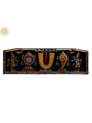 27" Wooden Vaishnava Symbols (Chakra, Tilak & Conch) with Hanuman and Garuda Wall Panel