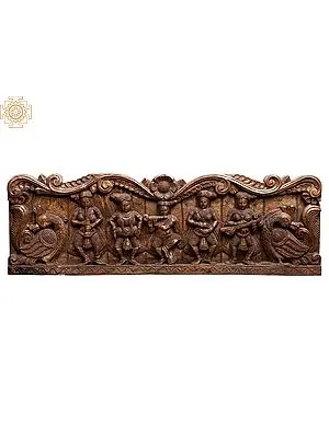 36" Large Wooden Wall Panel: South Indian Musicians with Peacocks