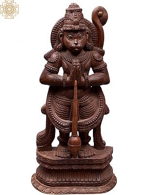36" Large Wooden Standing Sankat Mochan Hanuman in Namaskar Mudra