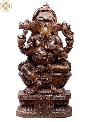 24" Wooden Lord Ganesha Idol Seated on Lotus