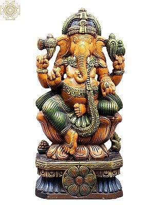 24" Wooden Sitting Four Hands Lord Ganesha