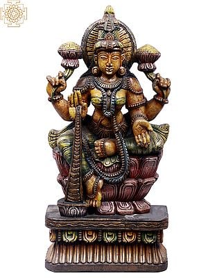 24" Wooden Devi Lakshmi Sculpture - Goddess of Wealth and Prosperity