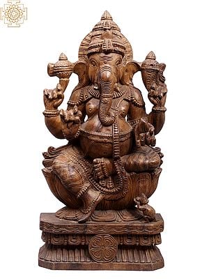 24" Wooden Four Hands Sitting Lord Gajanana Idol