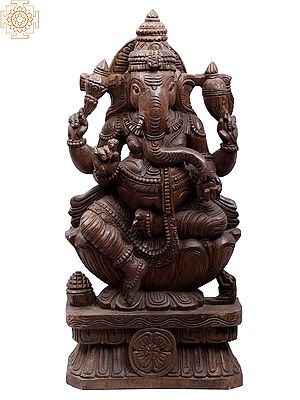 24" Wooden Sitting Vighnaharta Ganesha Figurine