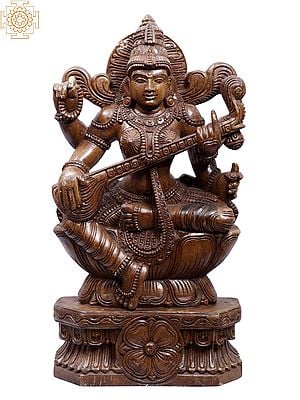 24" Wooden Devi Saraswati Idol Seated on Lotus