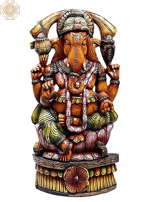24" Wooden Colorful Lord Ganapati Seated on Lotus
