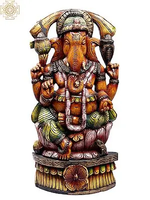 24" Wooden Lord Ganesha Seated on Lotus