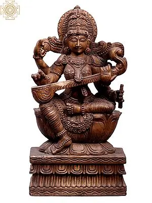 Wooden Saraswati Statue with Veena | 24 Inch Carving