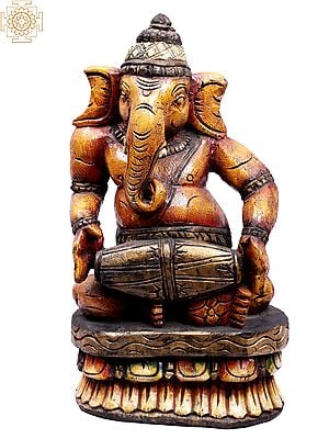 15" Wooden Lord Ganesha Statue Playing Dholak