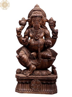 24" Wooden Chaturbhujadhari Lord Ganesha Sculpture