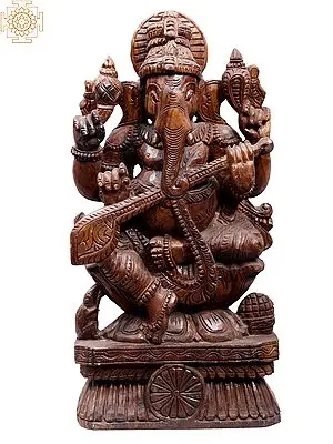 Lord Ganesha Veena Player Wood Sculpture