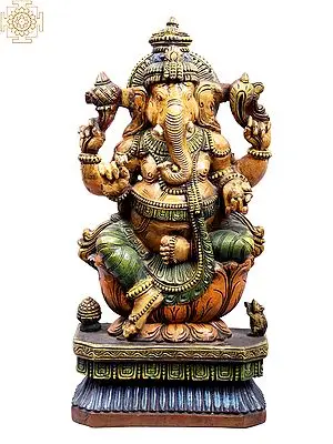 Wooden Lord Ganesha Statue, 24 Inch Four-Armed Deity Sculpture