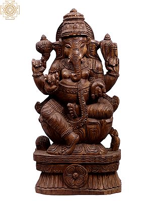 24" Wooden Sitting Lord Ganapati Sculpture