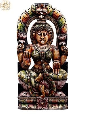 24" Wooden Sitting Goddess Lakshmi with Kirtimukha