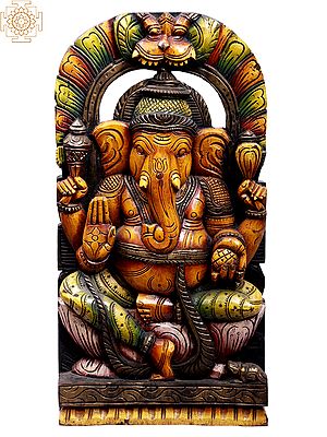 24" Wooden Sitting Lord Ganesha Idol with Kirtimukha