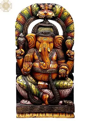 24" Wooden Sitting Lord Ganesha Idol with Kirtimukha Arch