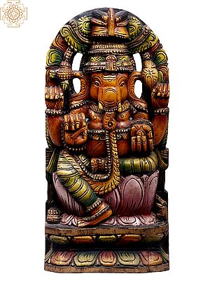 24" Wooden Colorful Lord Ganesha Idol Seated on Lotus