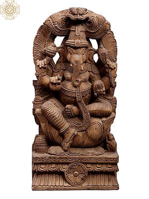 24" Wooden Sitting Lord Ganapati with Kirtimukha