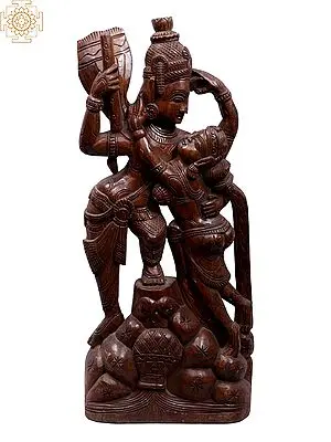 Romantic Pose Radha-Krishna Wooden Sculpture - 24"