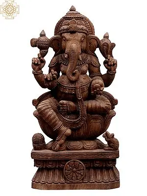 Seated Lord Ganesha - 24" Wooden Sculpture with Four Hands on Lotus