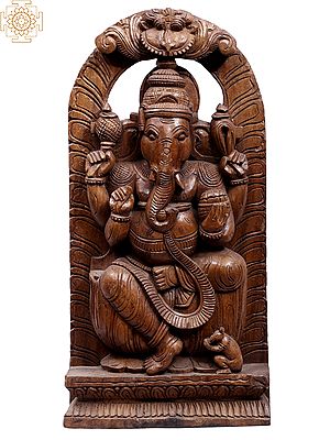 24" Wooden Sitting Lord Ganesha with Kirtimukha Wall Hanging