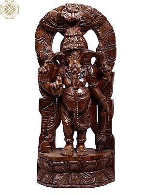 24" Wooden Standing Chaturbhuja Lord Ganapati with Kirtimukha
