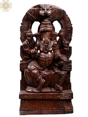 24" Sitting Four Hands Gajanana Wooden Statue