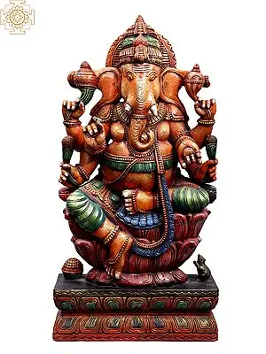 Large Wooden Colorful Six Hands Lord Ganapati Idol Seated on Lotus