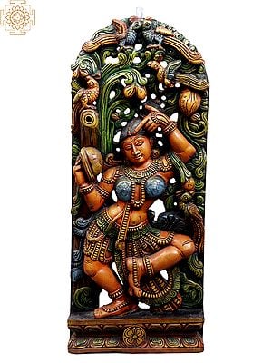 Darpana:  Large Wooden Apsara Applying Vermillion Statue Plus Wall Hanging