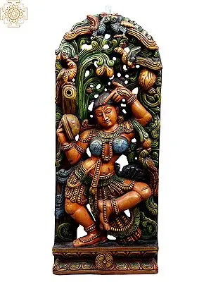 Large Wooden Apsara Darpana Applying Vermillion - Statue & Wall Hanging