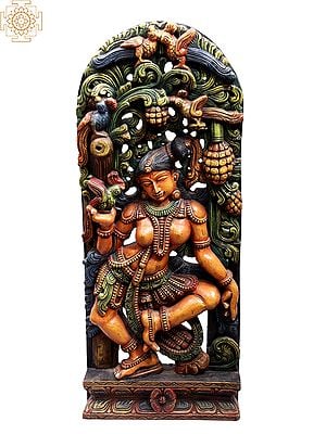 36" Large Wooden Dancing Apsara with Parrot in Her Hand