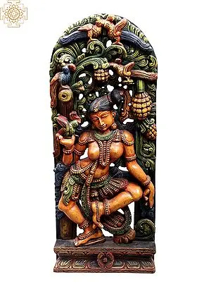 36" Large Wooden Dancing Apsara with Parrot