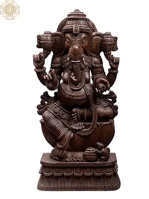 Seated Vighnaharta Ganesha Sculpture - 36" Wooden Deity Carving