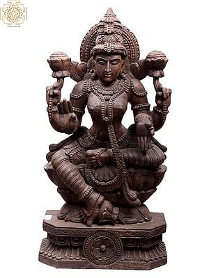 36" Large Wooden Sitting Devi Lakshmi - Goddess of Wealth, Fortune & Prosperity