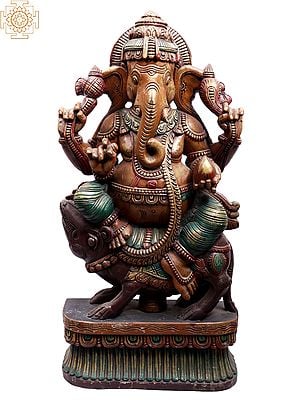 36" Large Wooden Chaturbhujadhari Lord Ganesha Seated on Rat