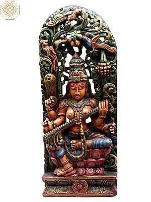 Wooden Devi Saraswati Statue Seated on Lotus | 36" Large Idol