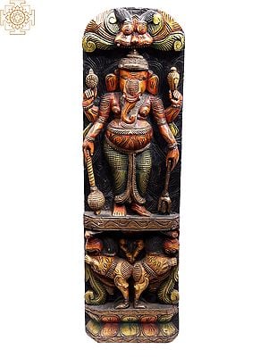 36" Large Wooden Standing Four Hands Lord Ganesha with Kirtimukha Wall Panel
