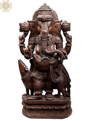 36" Large Wooden Lord Ganapati with His Rat