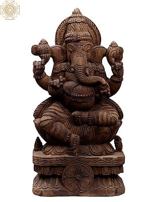 18" Wooden Sitting Four Hands Lord Gajanana