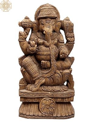 15" Wooden Sitting Lord Ganapati Statue on Lotus