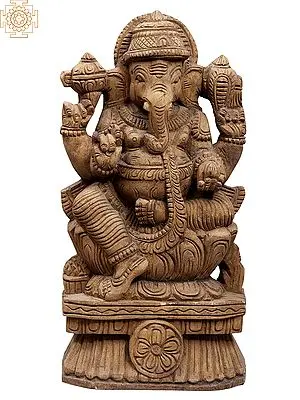 Lord Ganesha Wooden Statue - 15" Sitting on Lotus Throne