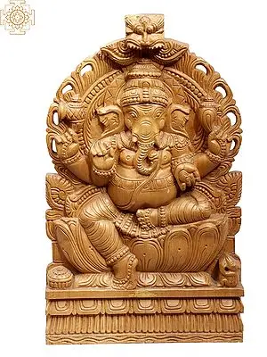 Seated Ganesha Wood Carving on Lotus with Kirtimukha - 15 Inch Idol