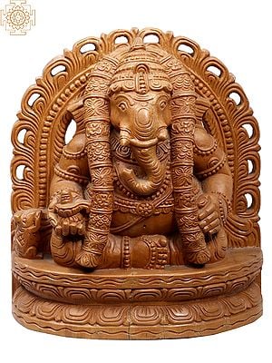 12" Wooden Lord Ganesha Wearing a Unique Necklace