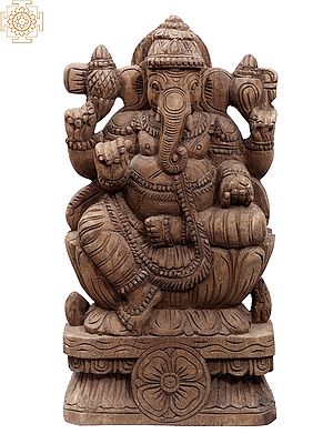 17" Wooden Sitting Chaturbhuja Lord Ganapati Statue