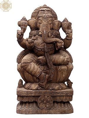 18" Wooden Sitting Lord Gajanana Sculpture