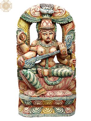 18" Wooden Colorful Sitting Goddess Saraswati Playing Veena