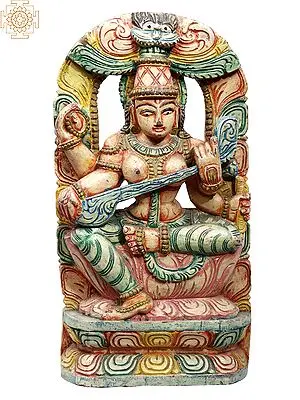 Colorful Sitting Goddess Saraswati Figurine, 18"
