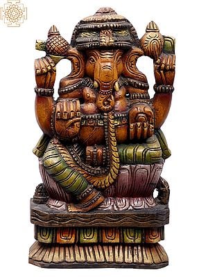 18" Wooden Sitting Four Hands Lord Ganesha Idol | Wall Hanging Statue