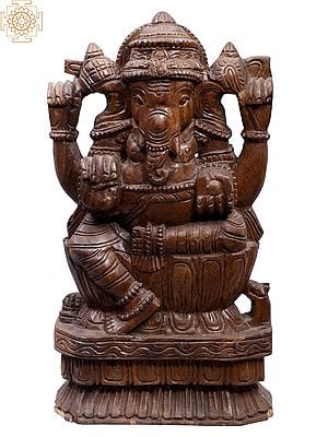 17" Sitting Lord Ganesha on Lotus | Wooden Wall Hanging Statue